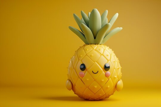 Adorable smiling pineapple character with a cheerful expression, isolated on a vivid yellow backdrop