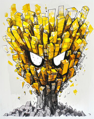 An abstract illustration of yellow and black crystals with angry eyes, bursting from a central point, creating a dynamic and vibrant image