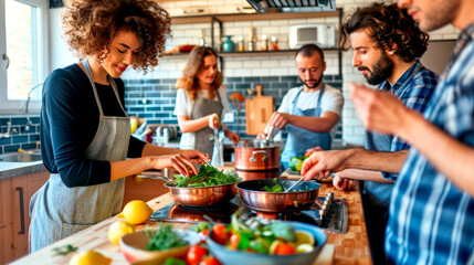 Group cooking class with diverse participants preparing healthy meals together.