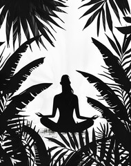 A silhouette of a woman meditating surrounded by tropical plants, emphasizing peace and mindfulness in a serene natural setting