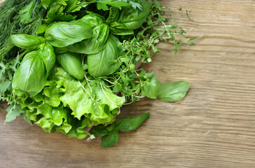 still life organic fragrant herbs on a wooden table