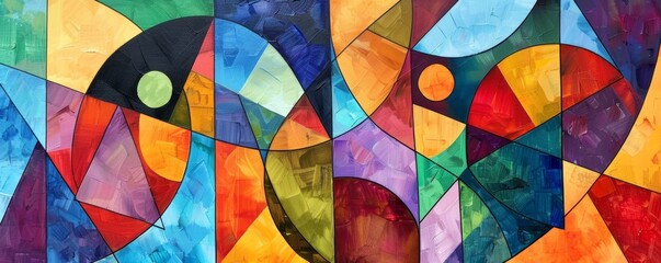 Vibrant mural art with abstract geometric shapes in a mosaic style