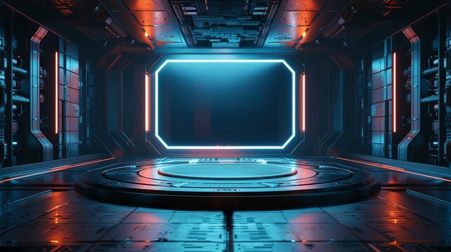 A futuristic space with a blue screen in the center