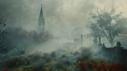 Majestic Gothic Church Spire Emerging from Misty Autumn Landscape