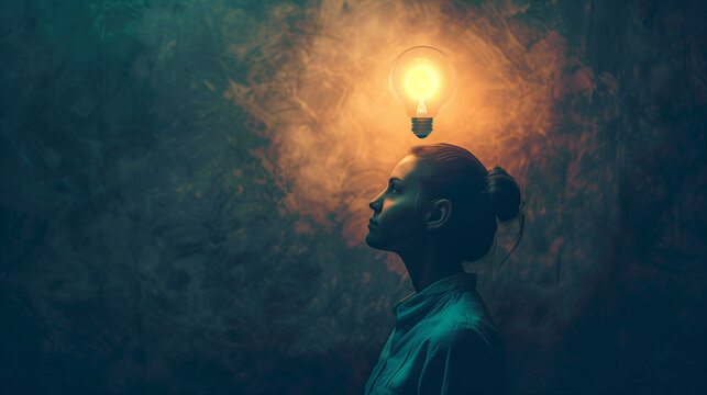 Thoughtful woman with a glowing lightbulb, representing innovation, enlightenment, ideas, and creativity.