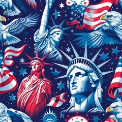 Develop a seamless pattern that celebrates American patriotism through the integration of national symbols and landmarks. Combine the American flag, the Statue of Liberty