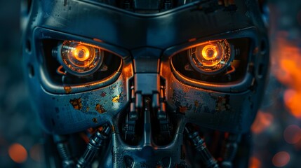 Artful, dark, extreme close-up photo of a matte metal robot's glass eyes, looking straight at the camera. Low exposure. A city on fire is reflected in the robot's eyes