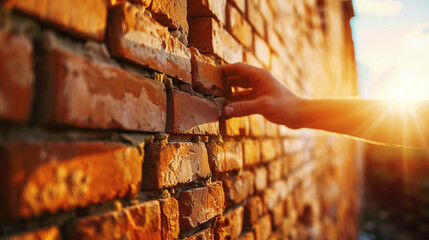 A worker hand putting a brick on a bricklayer wall on sunset