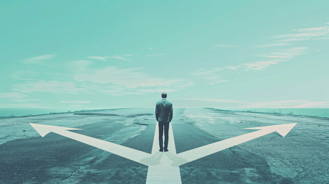 A man standing on a crossroad line with 2 other options to go, representing taking choices, decision making and different roads 