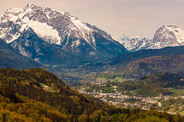 Far view of Berchtesgaden with the alps in the background at the famous Rossfeld panorama road,...