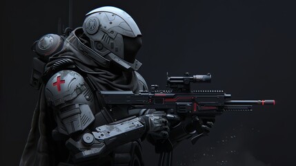  a concept art style and a very detailed 3d realistic [cyberpunk knight of the Order of St. John, wearing futuristic armor with the eight pointed cross on it, holding an assault rifle]