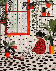 A woman sitting on a floor with polka-dot patterns, surrounded by plants and colorful decor, reflecting a modern and whimsical indoor scene.