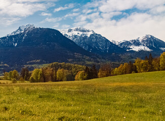 Fototapeta premium Alpine spring view with Mount Hoher Goell in the background near Bischofswiesen, Berchtesgadener Land, Bavaria, Germany