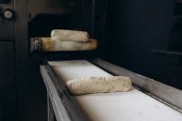 Loafs of bread in a bakery on an automated conveyor belt