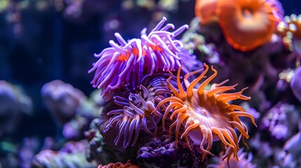 Stunning close-up of colorful sea anemones, showcasing vibrant hues and intricate details. Perfect for marine life enthusiasts and underwater photography lovers.