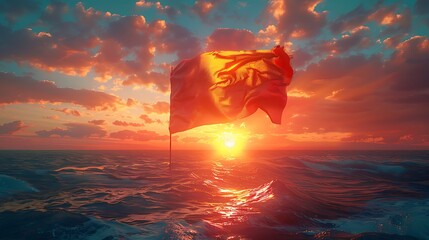 A flag waving in the breeze with a sunset background