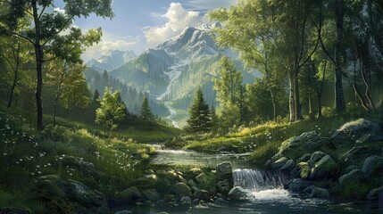 Beautiful spring landscape with a stream flowing through a forested mountain setting
