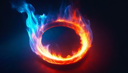 3D circular flame with a gradient from blue to red, pink an ring of fire on a dark background