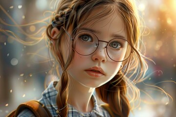 Obraz premium Illustration of a captivating young girl with glasses surrounded by a magical golden light