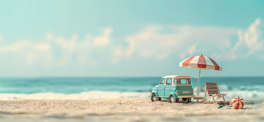 Summer vacation, travel holiday, van and beach accessories with blue background. 3d rendering
