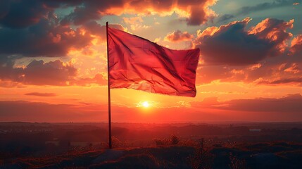 A flag waving in the breeze with a sunset background