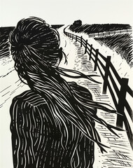 A woman with long hair walks along a fence-lined path, captured in black and white, emphasizing movement and solitude.