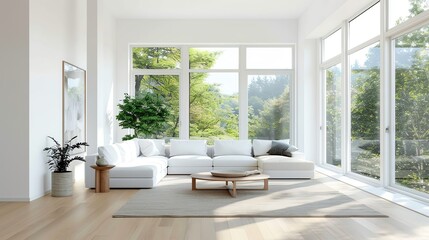 Scandinavian living room design featuring white walls, sleek furniture, large windows, and natural elements