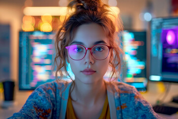 Focused female developer at her workstation, deep in thought. Captures the intensity and focus of tech professionals, ideal for tech industry promotions and educational content