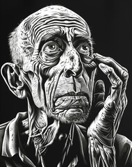 An intense black and white portrait of an elderly man with deep wrinkles, his hand touching his face in a moment of reflection