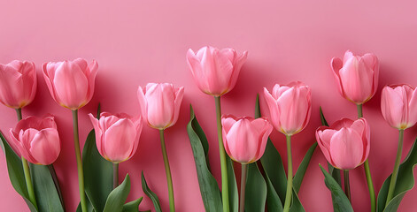 Fototapeta premium Photo of Spring Flowers on Pastel Pink Background with space.