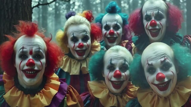 Creepy Clown Voyeurs in a Dark Forest 4K Loop features an A.I. Generated video of a group of creepy clowns looking out at the viewer in a dark forest with smoke rising in a loop.