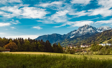 Alpine spring view with Mount Hochstaufen in the background near Anger, Berchtesgadener Land, Bavaria, Germany