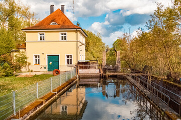 Fototapeta premium Spring view with reflections near Moos, Deggendorf, Bavaria, Germany