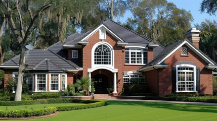 Landscaped house in a small town with a red brick facade, black tile roof. The house has large windows and is surrounded by lush green grass, flowers, shrubs and trees.