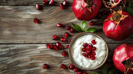 Pomegranates and yogurt placed on a wooden table - Powered by Adobe