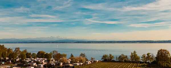 Alpine spring view with the alps in the background near Meersburg, Lake Bodensee, Baden-Württemberg, Germany