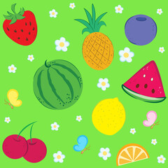 Vector seamless summer pattern - bright juicy fruits, berries, flowers, and butterflies on a green background. 