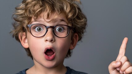 An excited boy with a raised finger signifies a moment of inspiration, ideal for educational, parenting, and creativity themes. For discussing learning, childhood epiphanies, and creative thinking.