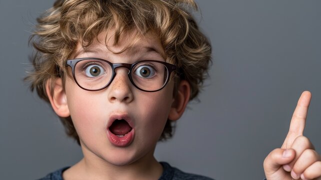 An excited boy with a raised finger signifies a moment of inspiration, ideal for educational, parenting, and creativity themes. For discussing learning, childhood epiphanies, and creative thinking.