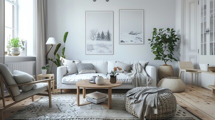 Scandinavian living room with clean lines, neutral colors, wooden flooring, and cozy textiles