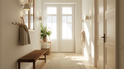 Scandinavian entryway light design with sleek wall sconces, natural light, and a welcoming atmosphere