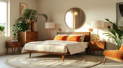 Modern bedroom with white walls, wooden furniture and carpet, mirror above the bed. The bedroom has wooden furniture and carpet, a mirror above the bed and light orange accents.