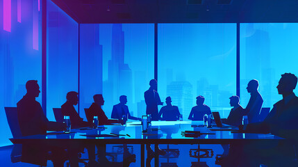  a board of directors meeting. Show a group of executives around a large conference table, engaged in a serious discussion