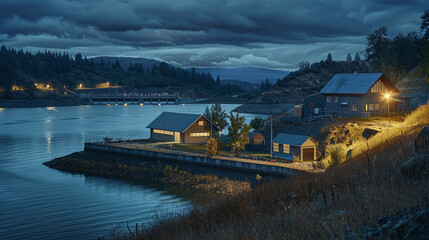 a community near the hydroelectric plant, employee workers neighborhood, cloudy night photography