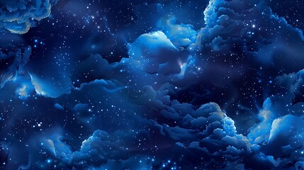 This is a beautiful night sky image. The dark blue sky is filled with bright white stars and fluffy blue clouds.