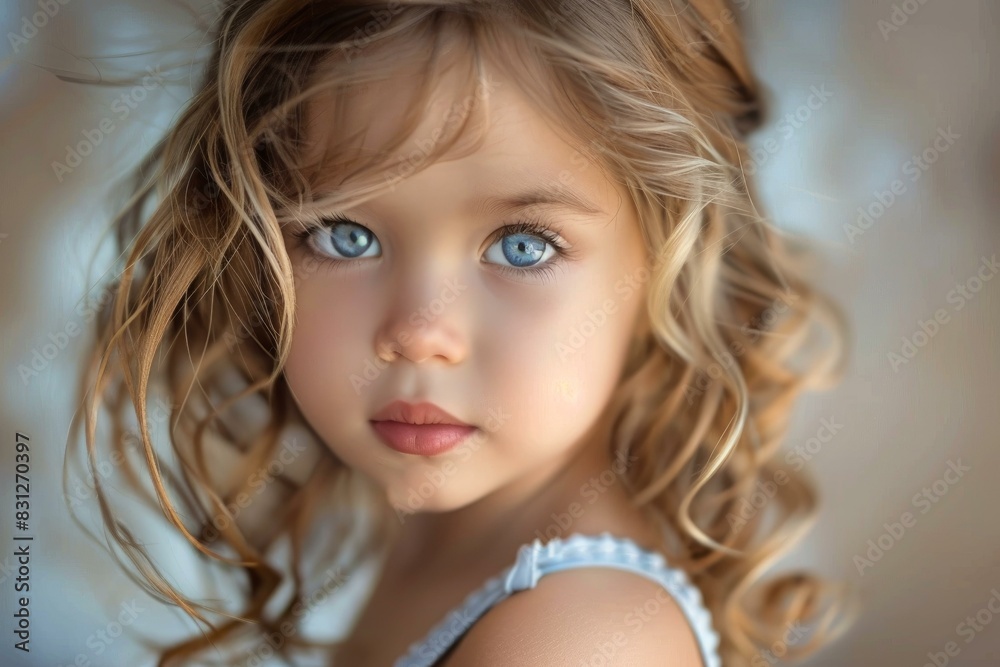 Poster closeup of a beautiful young girl with captivating blue eyes and curly hair