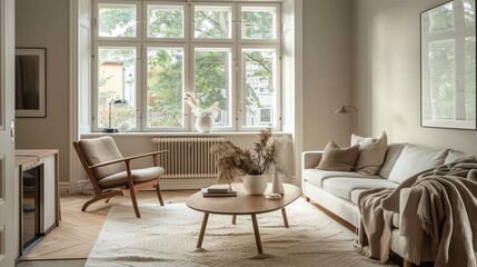 Scandinavian living room with clean lines, neutral colors, wooden flooring, and cozy textiles