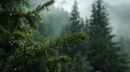 Close-up of pine branches in the foreground and misty forest trees behind them. The background is a dense mountain landscape shrouded in fog and clouds.