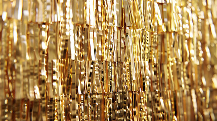 Golden tinsel hanging in front of a bright light. The tinsel is shiny and reflects the light, creating a glittering effect.
