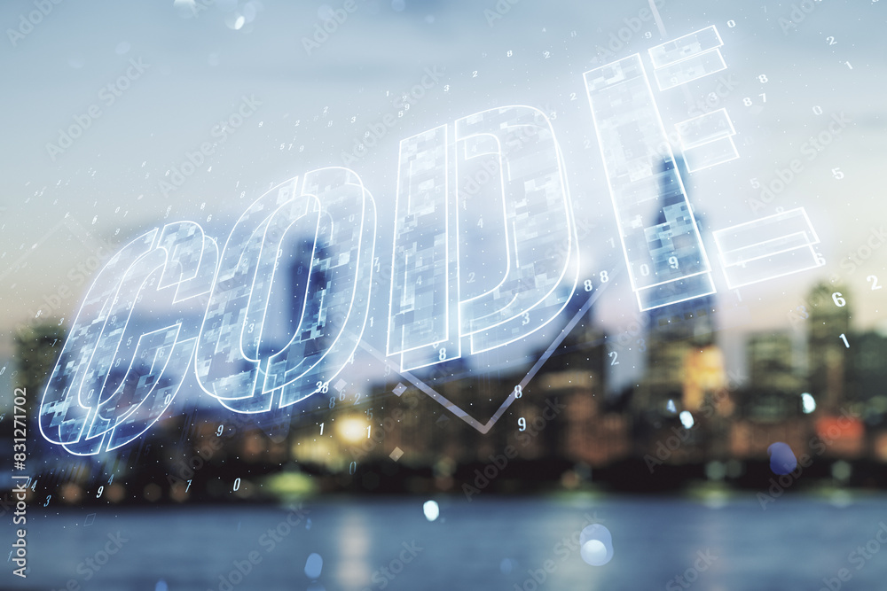 Poster code word hologram on blurry skyscrapers background, international software development concept. mul